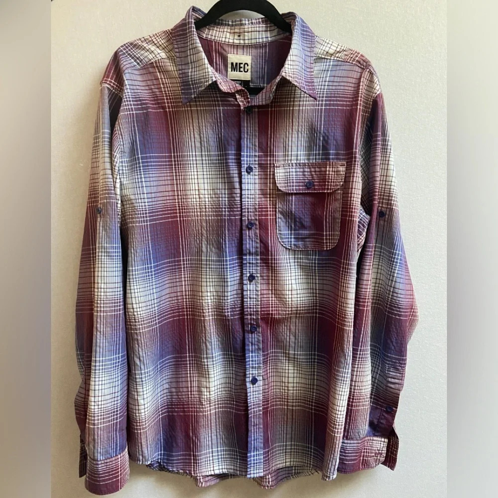 MEC UPF 20 Stretch Moisture Wicking Roll Tab Plaid Trail Shirt Sz L